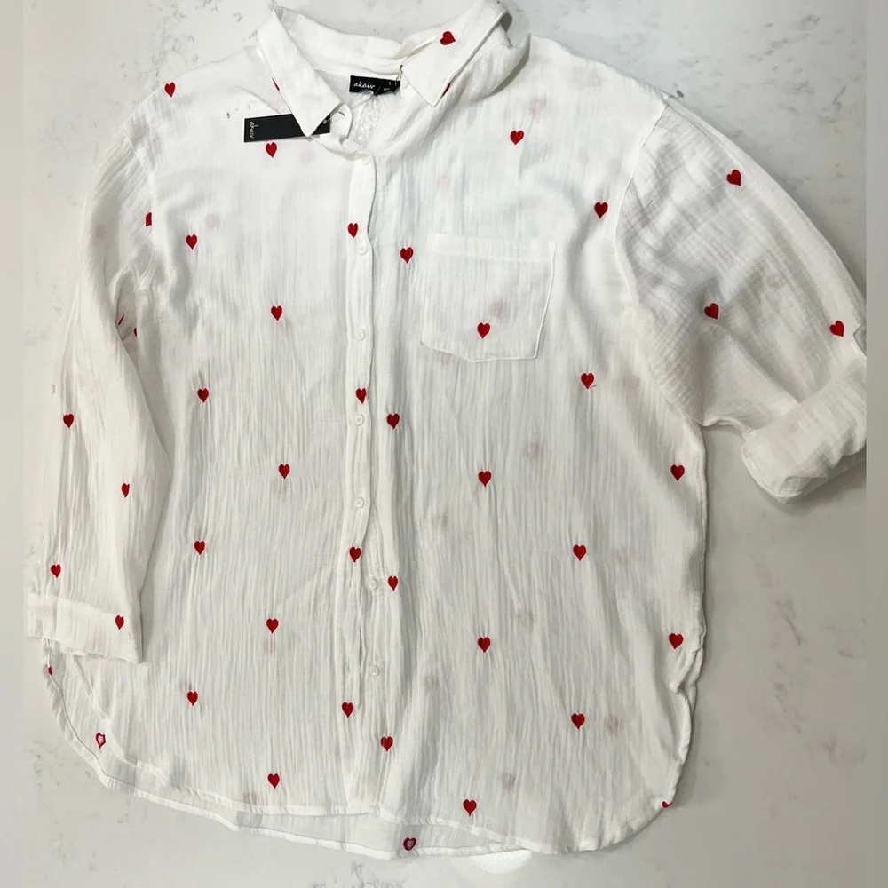 White Button-Up Shirt with Red Heart Accents - Picture 6 of 12
